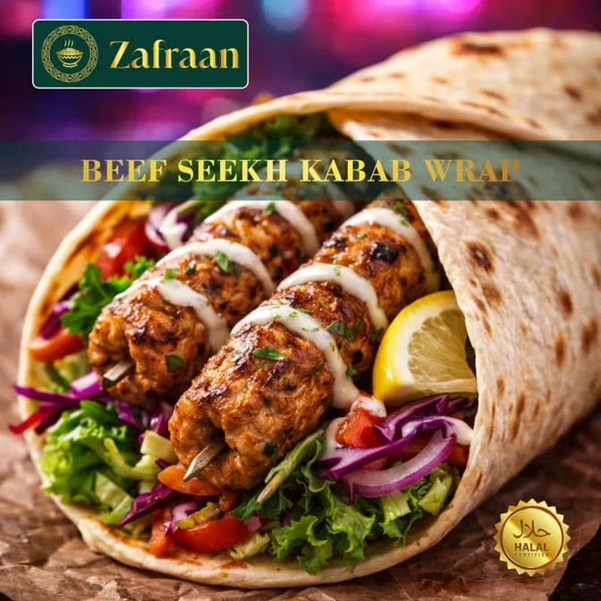 Beef Seekh Kabab Wrap with fresh vegetables and sauce