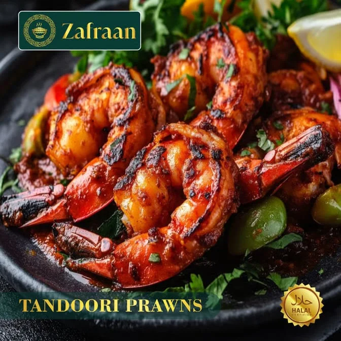 Tandoori Prawns, char-grilled and coated in spices